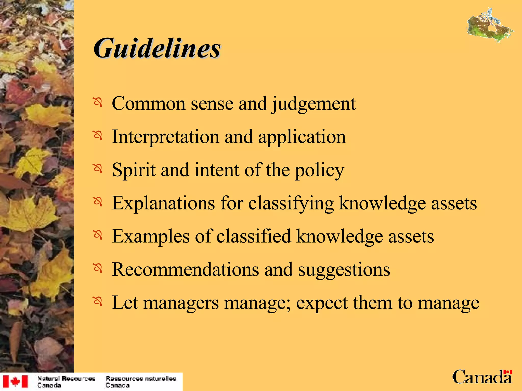 Guidelines Common sense and judgement Interpretation and application Spirit and intent of the policy Explanations for classifying knowledge assets Examples of classified knowledge assets Recommendations and suggestions Let managers manage; expect them to manage 