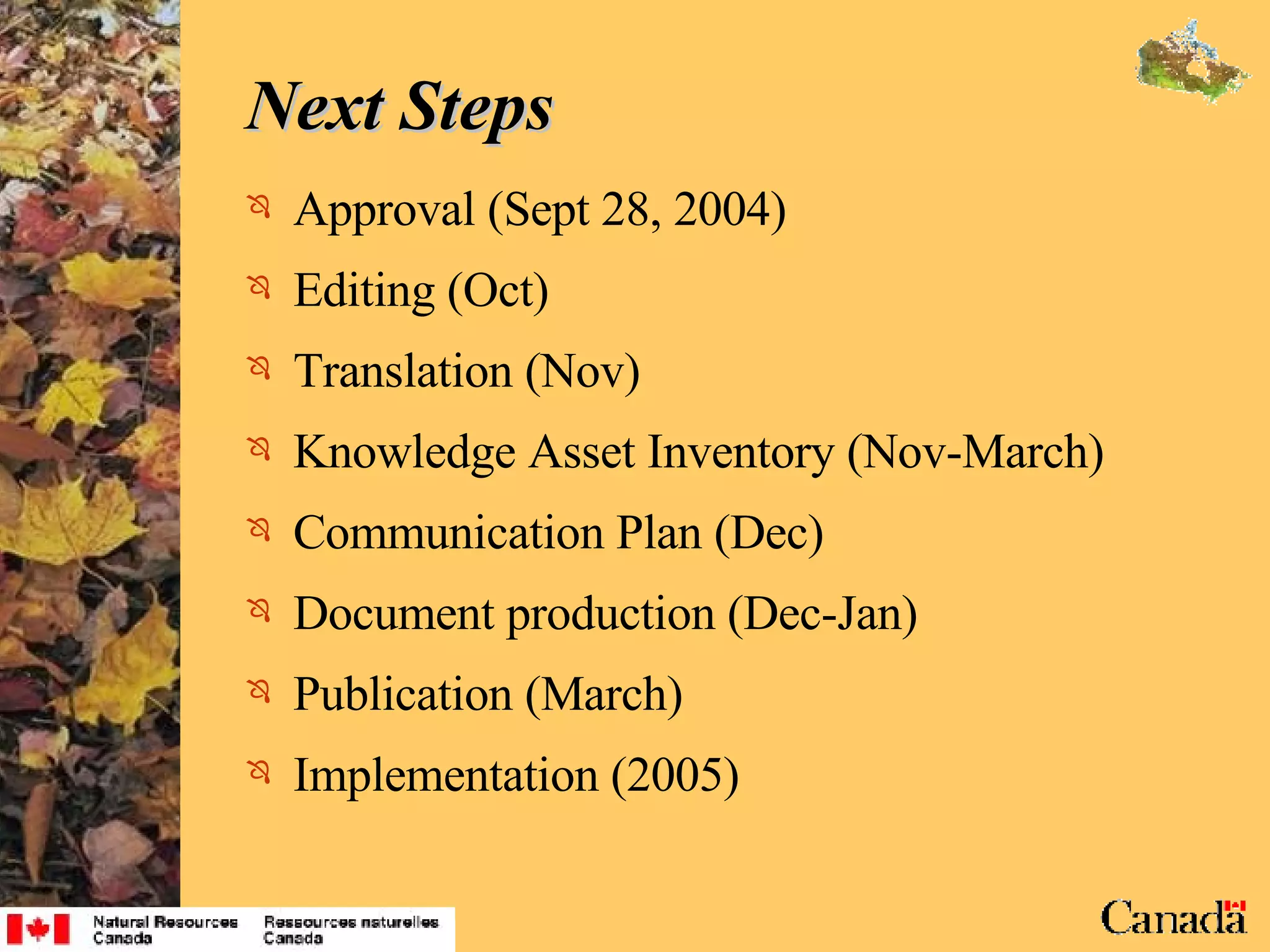 Next Steps Approval (Sept 28, 2004) Editing (Oct) Translation (Nov) Knowledge Asset Inventory (Nov-March) Communication Plan (Dec) Document production (Dec-Jan) Publication (March) Implementation (2005) 