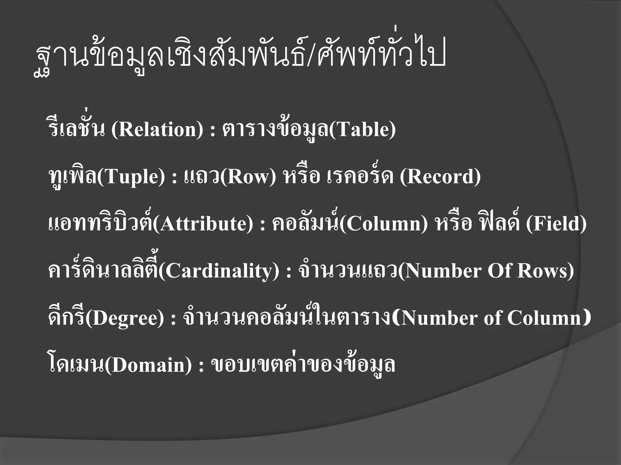 ฐานข้ อมูลเชิงสัมพันธ์ /ศัพท์ทวไป
                              ั่
 รีเลชั่น (Relation) : ตารางข้ อมูล(Table)
 ทูเพิล(Tuple) : แถว(Row) หรือ เรคอร์ ด (Record)
 แอททริบวต์ (Attribute) : คอลัมน์ (Column) หรือ ฟิ ลด์ (Field)
            ิ
 คาร์ ดินาลลิตี(Cardinality) : จานวนแถว(Number Of Rows)
               ้
 ดีกรี(Degree) : จานวนคอลัมน์ ในตาราง(Number of Column)
 โดเมน(Domain) : ขอบเขตค่ าของข้ อมูล
 