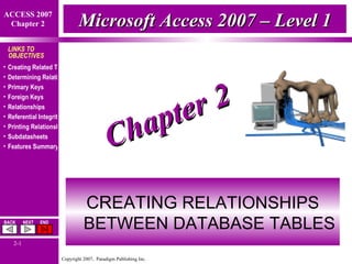 CREATING  RELATIONSHIPS BETWEEN DATABASE TABLES Chapter 2 Microsoft Access 2007 – Level 1 