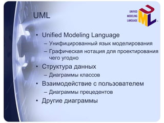 UMLUnified Modeling LanguageУнифицированный язык моделированияГрафическая нотация для проектирования чего угодноСтруктура данныхДиаграммы классовВзаимодействие с пользователемДиаграммы прецедентовДругие диаграммы