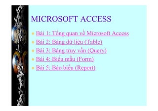 MICROSOFT ACCESS
 Bài 1: T ng quan v Microsoft Access
 Bài 2: B!ng d# li%u (Table)
 Bài 3: B!ng truy v+n (Query)
 Bài 4: Bi.u m0u (Form)
 Bài 5: Báo bi.u (Report)




                                       1
 