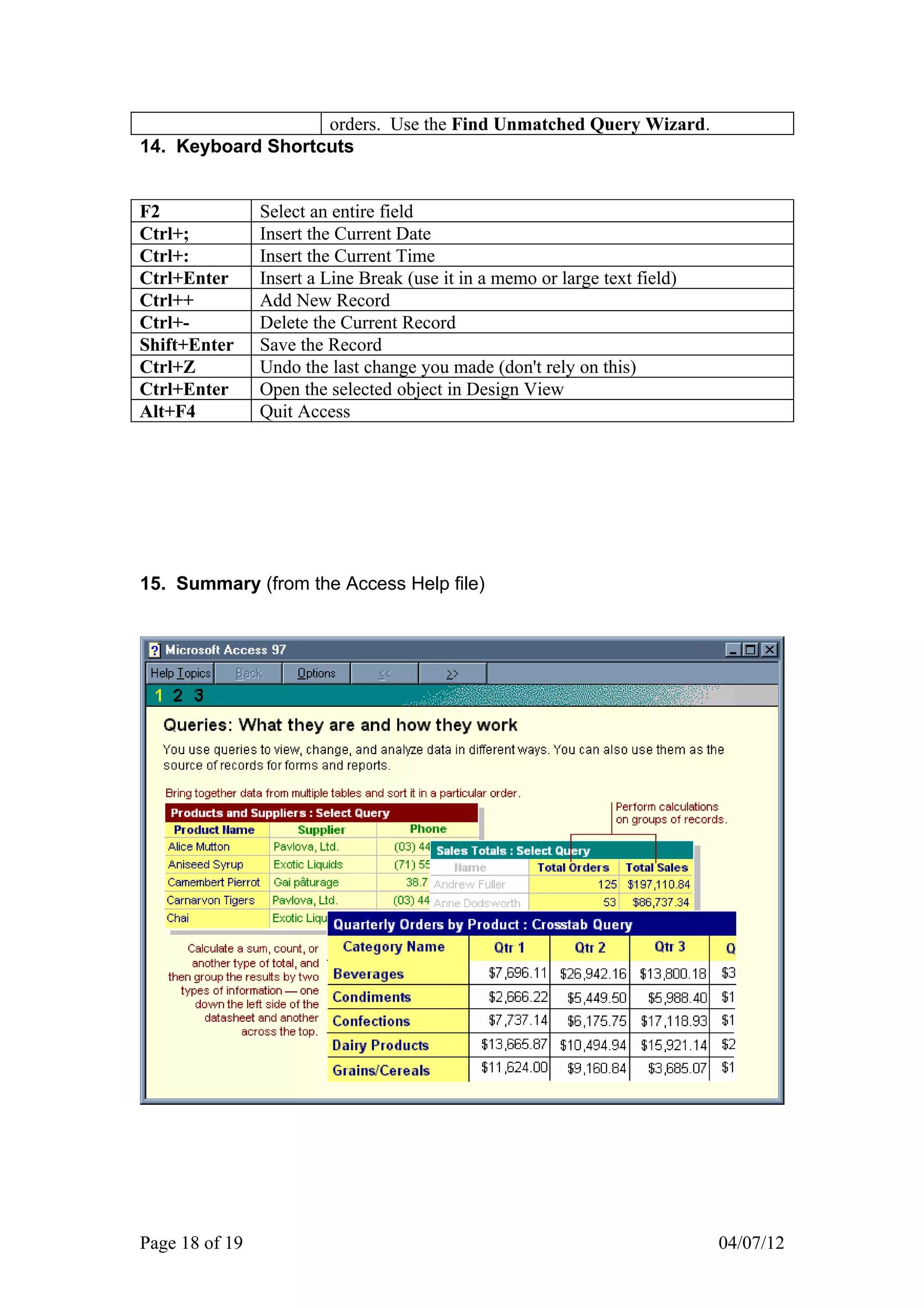 orders. Use the Find Unmatched Query Wizard.
14. Keyboard Shortcuts


F2              Select an entire field
Ctrl+;          Insert the Current Date
Ctrl+:          Insert the Current Time
Ctrl+Enter      Insert a Line Break (use it in a memo or large text field)
Ctrl++          Add New Record
Ctrl+-          Delete the Current Record
Shift+Enter     Save the Record
Ctrl+Z          Undo the last change you made (don't rely on this)
Ctrl+Enter      Open the selected object in Design View
Alt+F4          Quit Access




15. Summary (from the Access Help file)




Page 18 of 19                                                                04/07/12
 