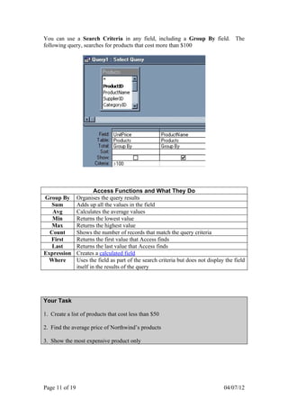 You can use a Search Criteria in any field, including a Group By field. The
following query, searches for products that cost more than $100




                         Access Functions and What They Do
Group By        Organises the query results
  Sum           Adds up all the values in the field
   Avg          Calculates the average values
   Min          Returns the lowest value
  Max           Returns the highest value
  Count         Shows the number of records that match the query criteria
  First         Returns the first value that Access finds
   Last         Returns the last value that Access finds
Expression      Creates a calculated field
 Where          Uses the field as part of the search criteria but does not display the field
                itself in the results of the query




Your Task

1. Create a list of products that cost less than $50

2. Find the average price of Northwind’s products

3. Show the most expensive product only




Page 11 of 19                                                                     04/07/12
 