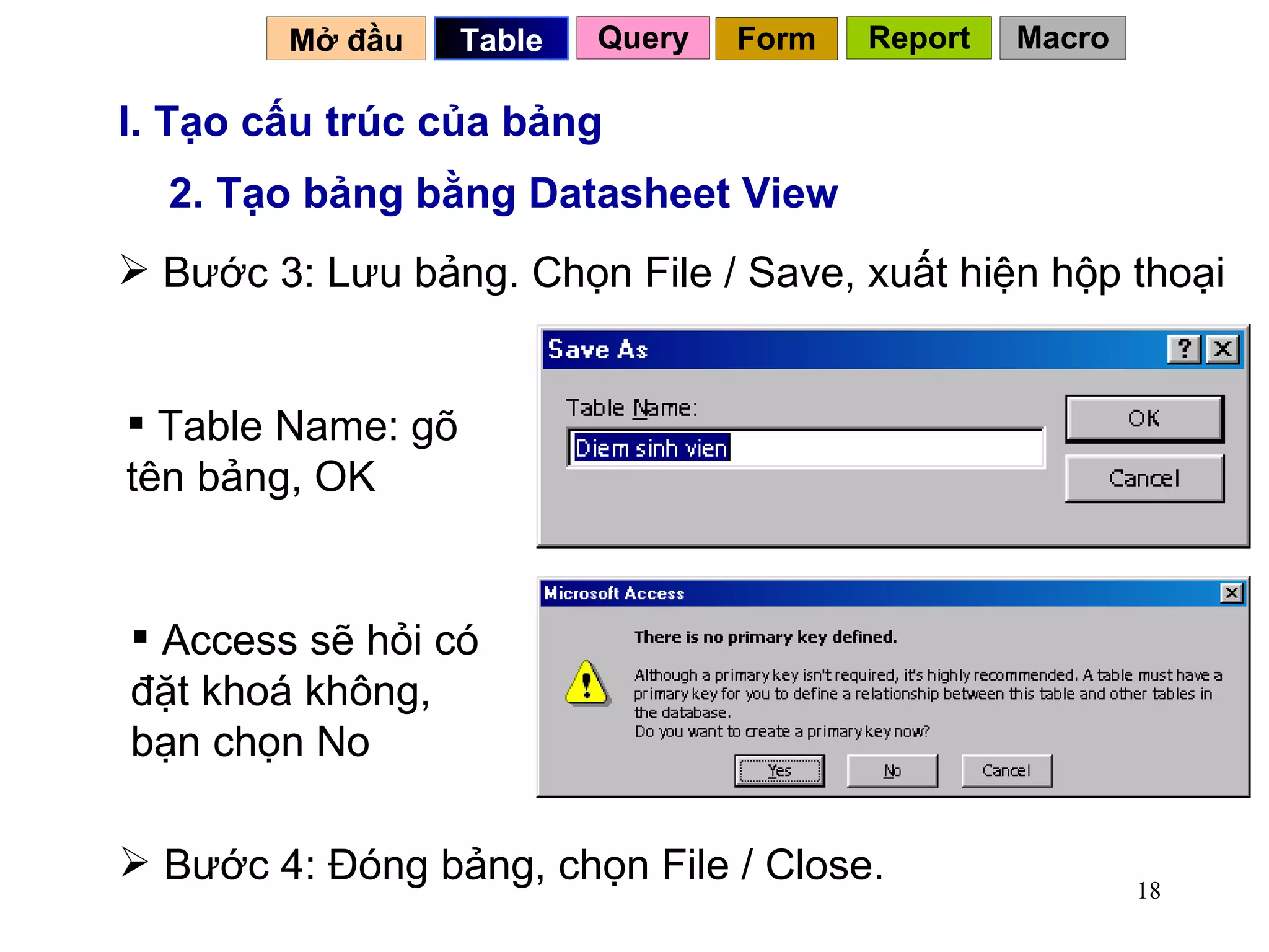 I. Tạo cấu trúc của bảng 2. Tạo bảng bằng Datasheet View Bước 3: Lưu bảng. Chọn File / Save, xuất hiện hộp thoại Table Name: gõ tên bảng, OK Access sẽ hỏi có đặt khoá không, bạn chọn No  Bước 4: Đóng bảng, chọn File / Close.  Mở đầu   Query Table   Form Report Macro 