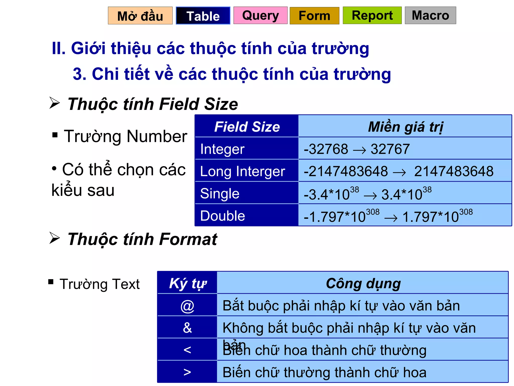 II. Giới thiệu các thuộc tính của trường 3. Chi tiết về các thuộc tính của trường Thuộc tính Field Size Trường Number Mở đầu   Query Table   Có thể chọn các kiểu sau Thuộc tính Format Trường Text Form Report Macro -1.797*10 308     1.797*10 308 Double -3.4*10 38     3.4*10 38   Single -2147483648     2147483648 Long Interger -32768    32767 Integer Miền giá trị Field Size Biến chữ thường thành chữ hoa  > Biến chữ hoa thành chữ thường < Không bắt buộc phải nhập kí tự vào văn bản & Bắt buộc phải nhập kí tự vào văn bản @ Công dụng Ký tự 