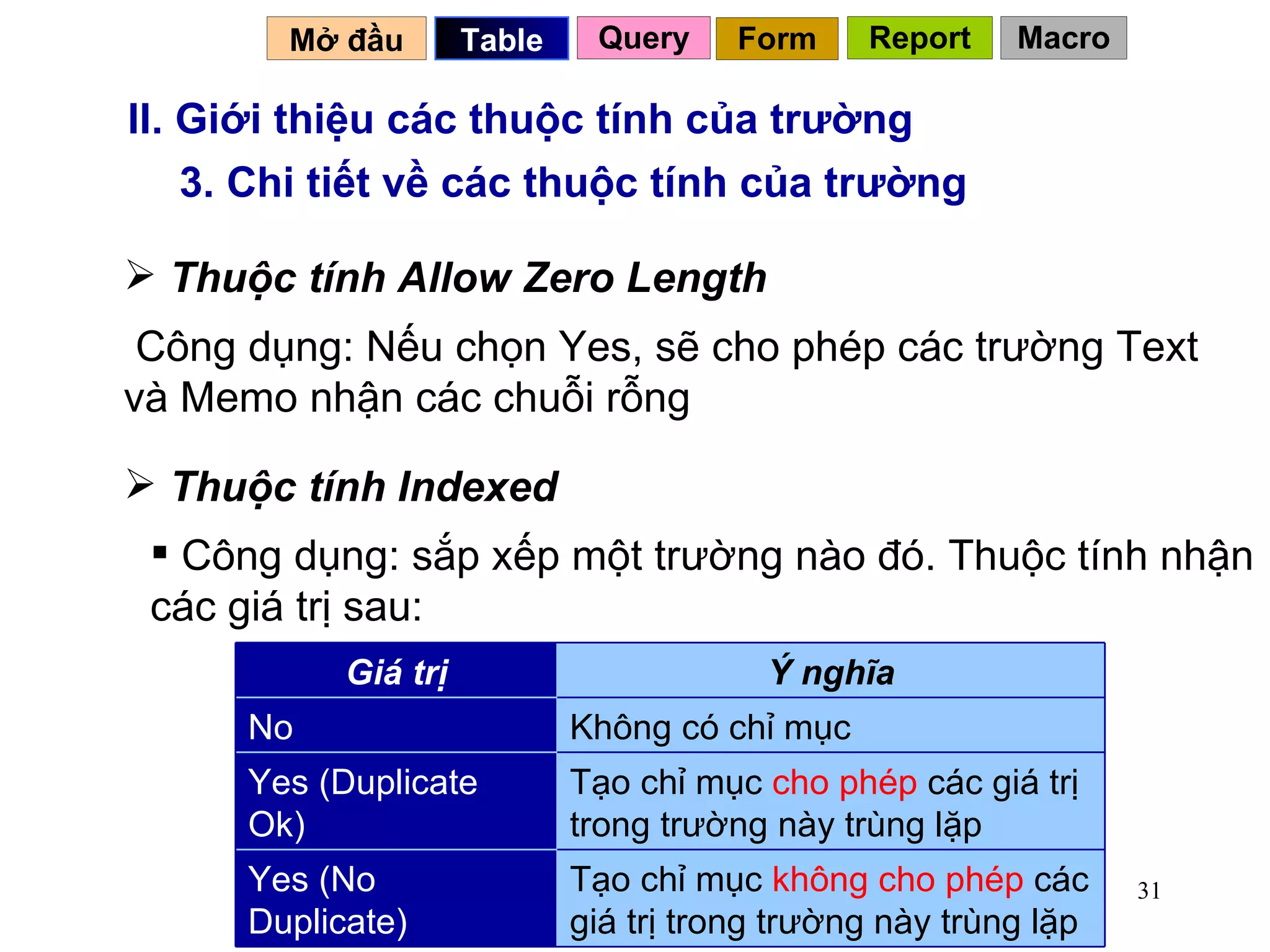 II. Giới thiệu các thuộc tính của trường 3. Chi tiết về các thuộc tính của trường Thuộc tính Allow Zero Length Công dụng: Nếu chọn Yes, sẽ cho phép các trường Text và Memo nhận các chuỗi rỗng  Mở đầu   Query Table   Thuộc tính Indexed Công dụng: sắp xếp một trường nào đó. Thuộc tính nhận các giá trị sau: Form Report Macro Tạo chỉ mục  không cho phép  các giá trị trong trường này trùng lặp Yes (No Duplicate) Tạo chỉ mục  cho phép  các giá trị trong trường này trùng lặp Yes (Duplicate Ok) Không có chỉ mục No Ý nghĩa Giá trị 
