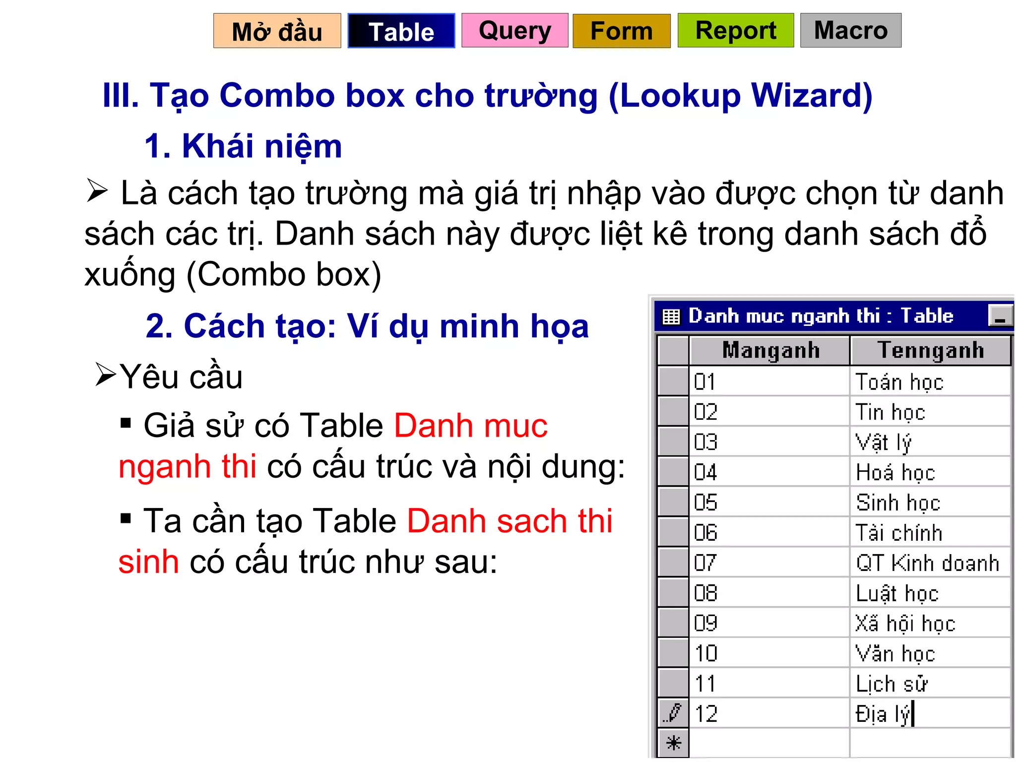 III. Tạo Combo box cho trường (Lookup Wizard) 1. Khái niệm Là cách tạo trường mà giá trị nhập vào được chọn từ danh sách các trị. Danh sách này được liệt kê trong danh sách đổ xuống (Combo box) 2. Cách tạo: Ví dụ minh họa Yêu cầu Giả sử có Table  Danh muc nganh thi  có cấu trúc và nội dung: Ta cần tạo Table  Danh sach thi sinh  có cấu trúc như sau: Mở đầu   Query Table   Form Report Macro 