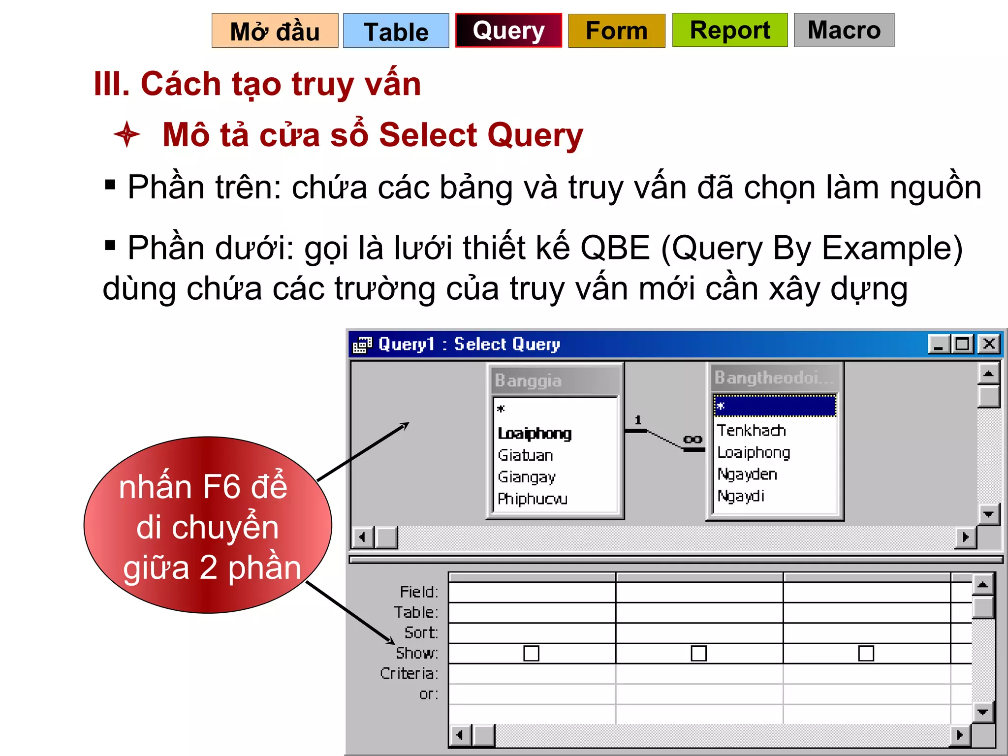 III. Cách tạo truy vấn   Table   Query Mở đầu      Mô tả cửa sổ Select Query Phần trên: chứa các bảng và truy vấn đã chọn làm nguồn Phần dưới: gọi là lưới thiết kế QBE (Query By Example) dùng chứa các trường của truy vấn mới cần xây dựng Form Report Macro nhấn F6 để  di chuyển giữa 2 phần 