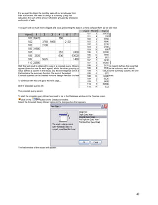 E.g we want to obtain the monthly sales of our employees from
their sold orders. We need to design a summary query that
calculates the sum of the amount of orders grouped by employee
and month of sale.


The query will be much more elegant and clear, presenting the data in a more compact form as we see next:




Well this last result is obtained by way of a crosstab query. Observe how one of the grouping columns (Agent) defines the rows that
appear (there is a row for each agent), whilst the other grouping column (month) now serves to define the columns, each month
value defines a column in the result, and the convergence cell of an agent value and a month value is the summary column, the one
that contains the summary function (the sum of the sales).
Crosstab queries can be created from the design view but it is faster more comfortable to use the wisard.

To continue with this Unit go to the next page...

Unit 9. Crosstab queries (II)

The crosstab query wizard.

To start the crosstab query Wizard we need to be in the Database window in the Queries object.
  click on the        button in the Database window.
Select the Crosstab Query Wizard option in the dialogue box that appears.




The first window of the wizard will appear:




                                                                                                                                42
 
