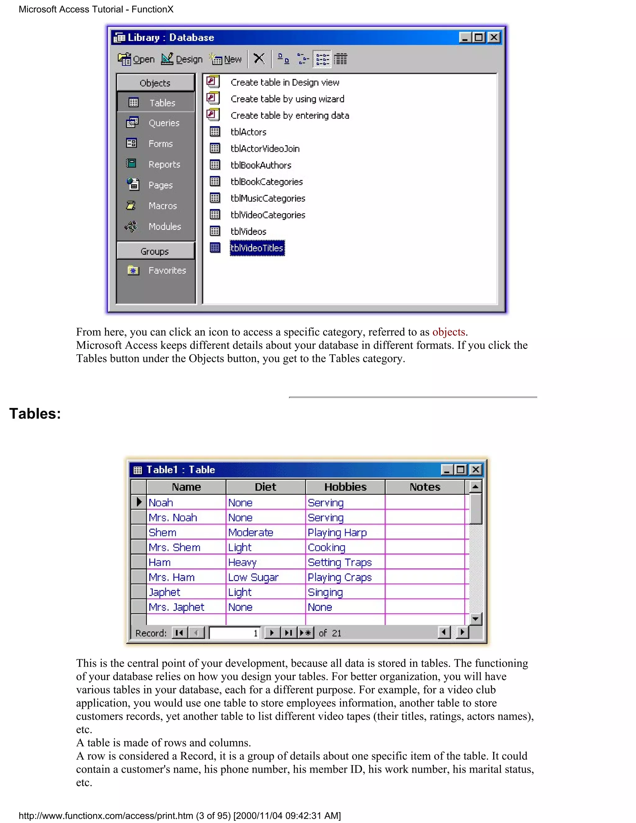 Microsoft Access Tutorial - FunctionX




              From here, you can click an icon to access a specific category, referred to as objects.
              Microsoft Access keeps different details about your database in different formats. If you click the
              Tables button under the Objects button, you get to the Tables category.



Tables:




              This is the central point of your development, because all data is stored in tables. The functioning
              of your database relies on how you design your tables. For better organization, you will have
              various tables in your database, each for a different purpose. For example, for a video club
              application, you would use one table to store employees information, another table to store
              customers records, yet another table to list different video tapes (their titles, ratings, actors names),
              etc.
              A table is made of rows and columns.
              A row is considered a Record, it is a group of details about one specific item of the table. It could
              contain a customer's name, his phone number, his member ID, his work number, his marital status,
              etc.

 http://www.functionx.com/access/print.htm (3 of 95) [2000/11/04 09:42:31 AM]
 