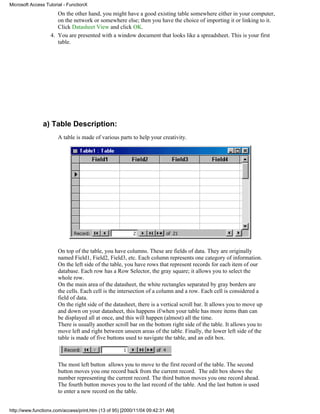 Microsoft Access Tutorial - FunctionX
                      On the other hand, you might have a good existing table somewhere either in your computer,
                      on the network or somewhere else; then you have the choice of importing it or linking to it.
                      Click Datasheet View and click OK.
                   4. You are presented with a window document that looks like a spreadsheet. This is your first
                      table.




               a) Table Description:
                       A table is made of various parts to help your creativity.




                       On top of the table, you have columns. These are fields of data. They are originally
                       named Field1, Field2, Field3, etc. Each column represents one category of information.
                       On the left side of the table, you have rows that represent records for each item of our
                       database. Each row has a Row Selector, the gray square; it allows you to select the
                       whole row.
                       On the main area of the datasheet, the white rectangles separated by gray borders are
                       the cells. Each cell is the intersection of a column and a row. Each cell is considered a
                       field of data.
                       On the right side of the datasheet, there is a vertical scroll bar. It allows you to move up
                       and down on your datasheet, this happens if/when your table has more items than can
                       be displayed all at once, and this will happen (almost) all the time.
                       There is usually another scroll bar on the bottom right side of the table. It allows you to
                       move left and right between unseen areas of the table. Finally, the lower left side of the
                       table is made of five buttons used to navigate the table, and an edit box.



                       The most left button allows you to move to the first record of the table. The second
                       button moves you one record back from the current record. The edit box shows the
                       number representing the current record. The third button moves you one record ahead.
                       The fourth button moves you to the last record of the table. And the last button is used
                       to enter a new record on the table.


http://www.functionx.com/access/print.htm (13 of 95) [2000/11/04 09:42:31 AM]
 