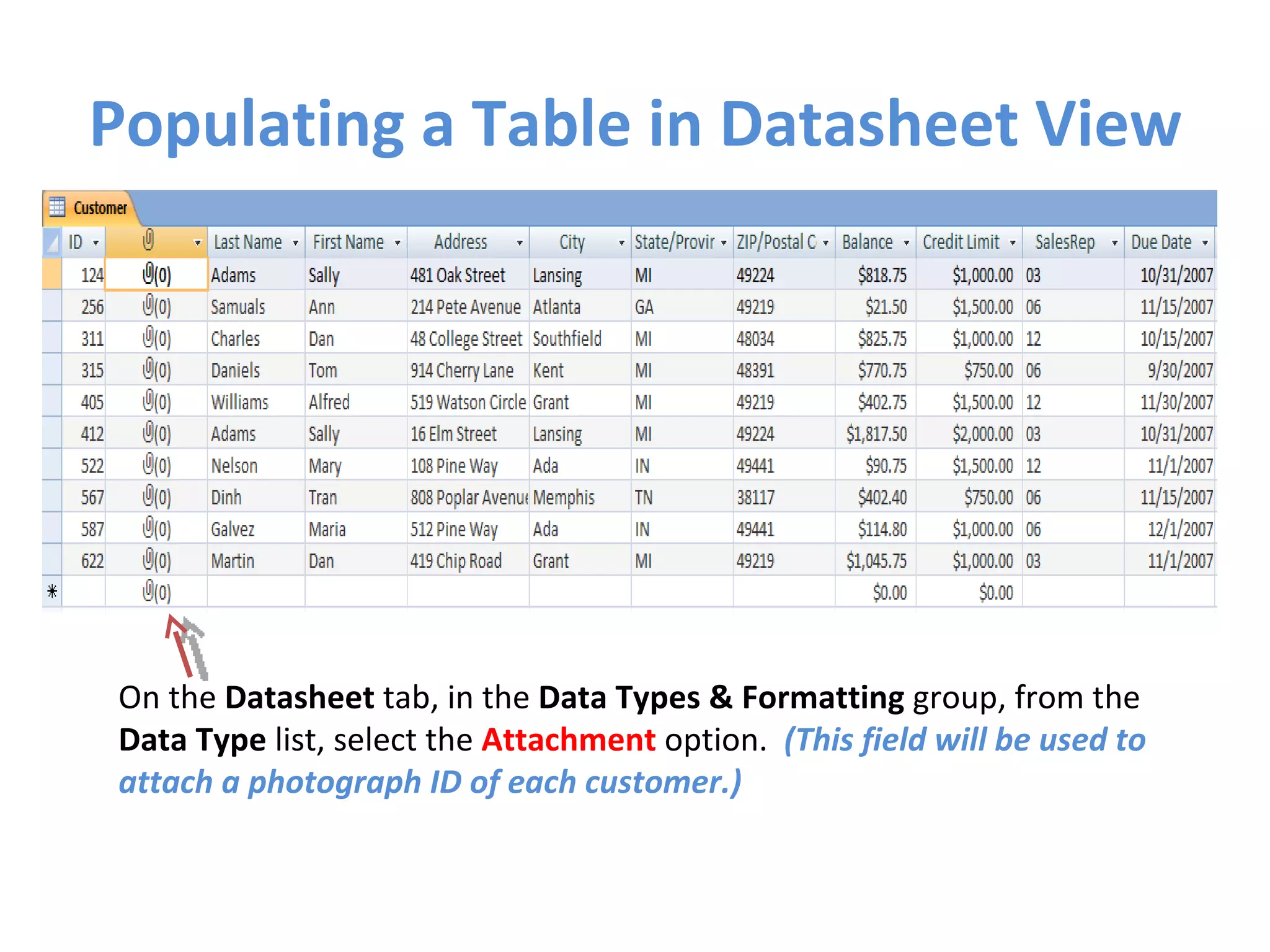 Populating a Table in Datasheet View On the  Datasheet  tab, in the  Data Types & Formatting  group, from the  Data Type  list, select the  Attachment   option.  (This field will be used to attach a photograph ID of each customer.) 