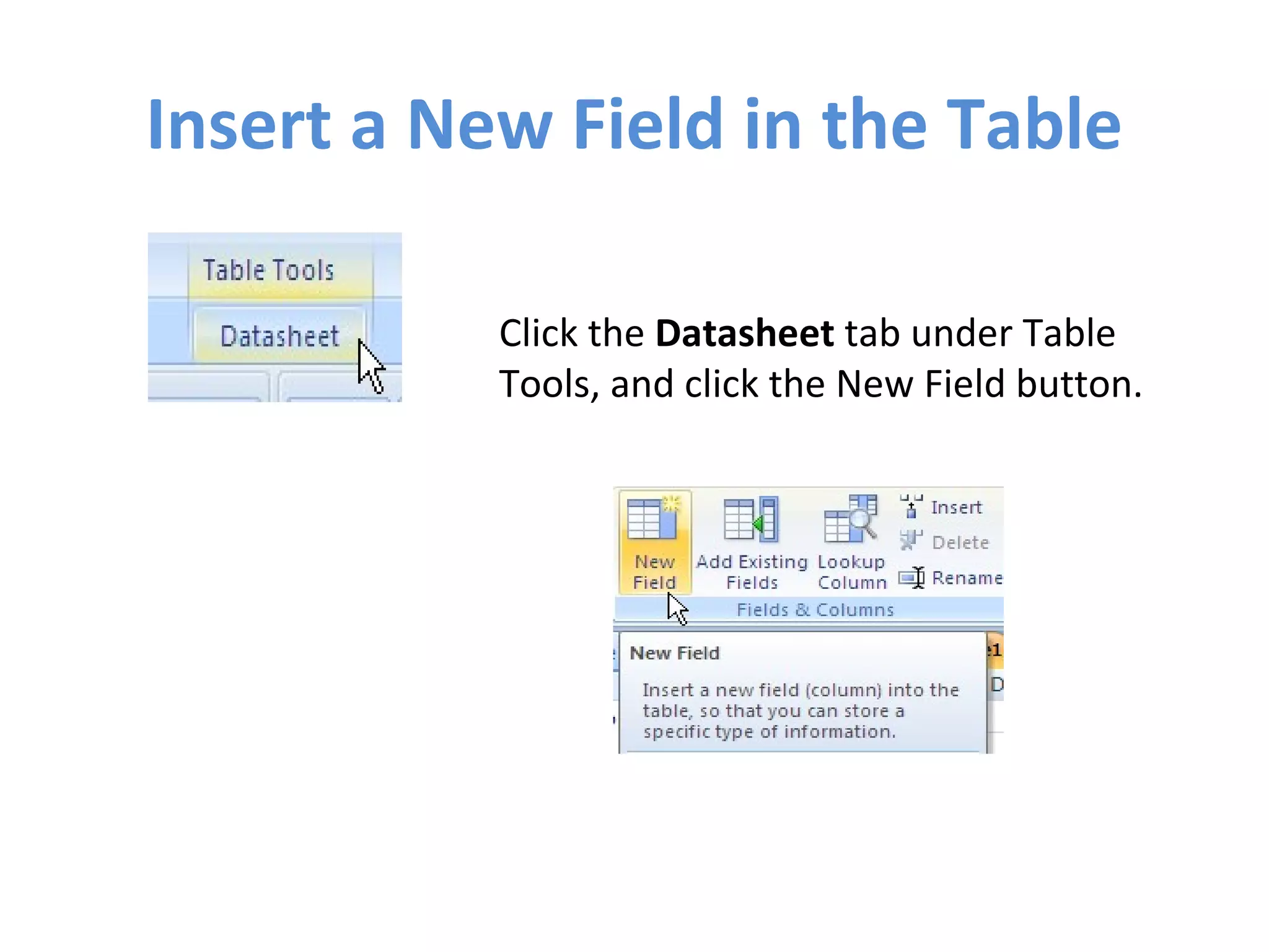 Insert a New Field in the Table Click the  Datasheet  tab under Table Tools, and click the New Field button. 