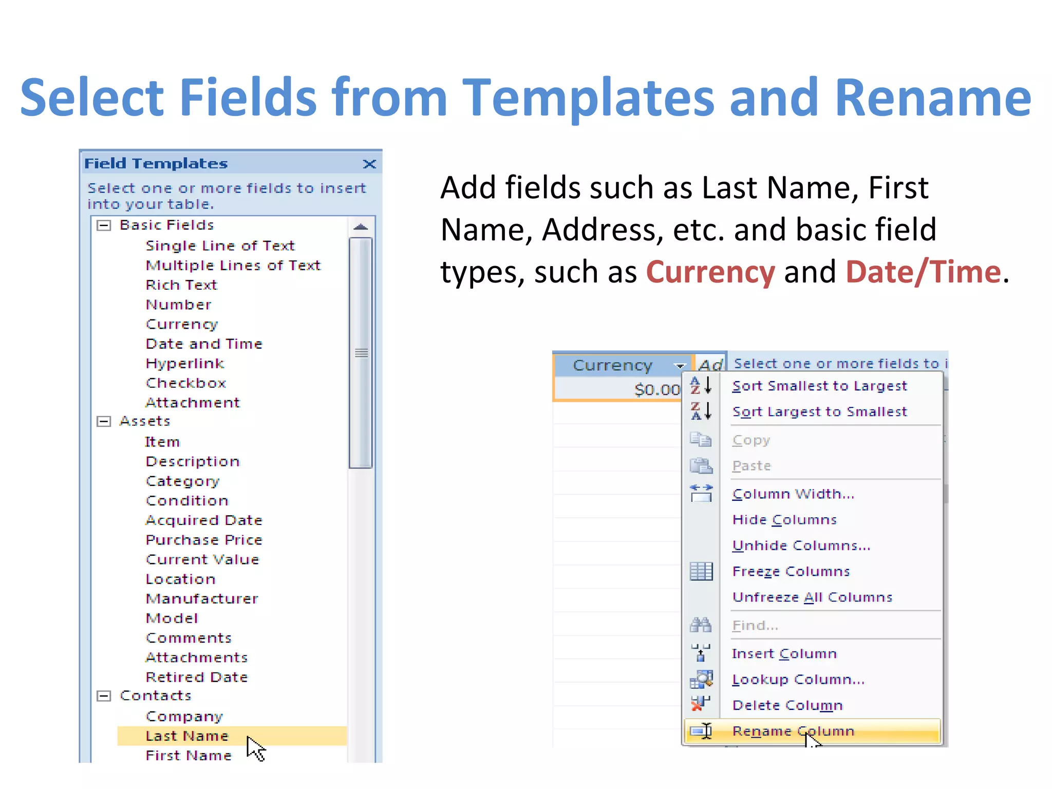 Select Fields from Templates and Rename Add fields such as Last Name, First Name, Address, etc. and basic field types, such as  Currency  and  Date/Time . 