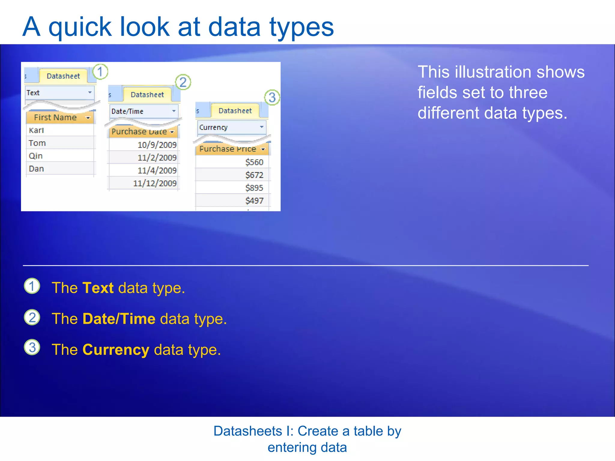 A quick look at data types Datasheets I: Create a table by entering data This illustration shows fields set to three different data types.  The  Text  data type. The  Date/Time  data type. The  Currency  data type.  