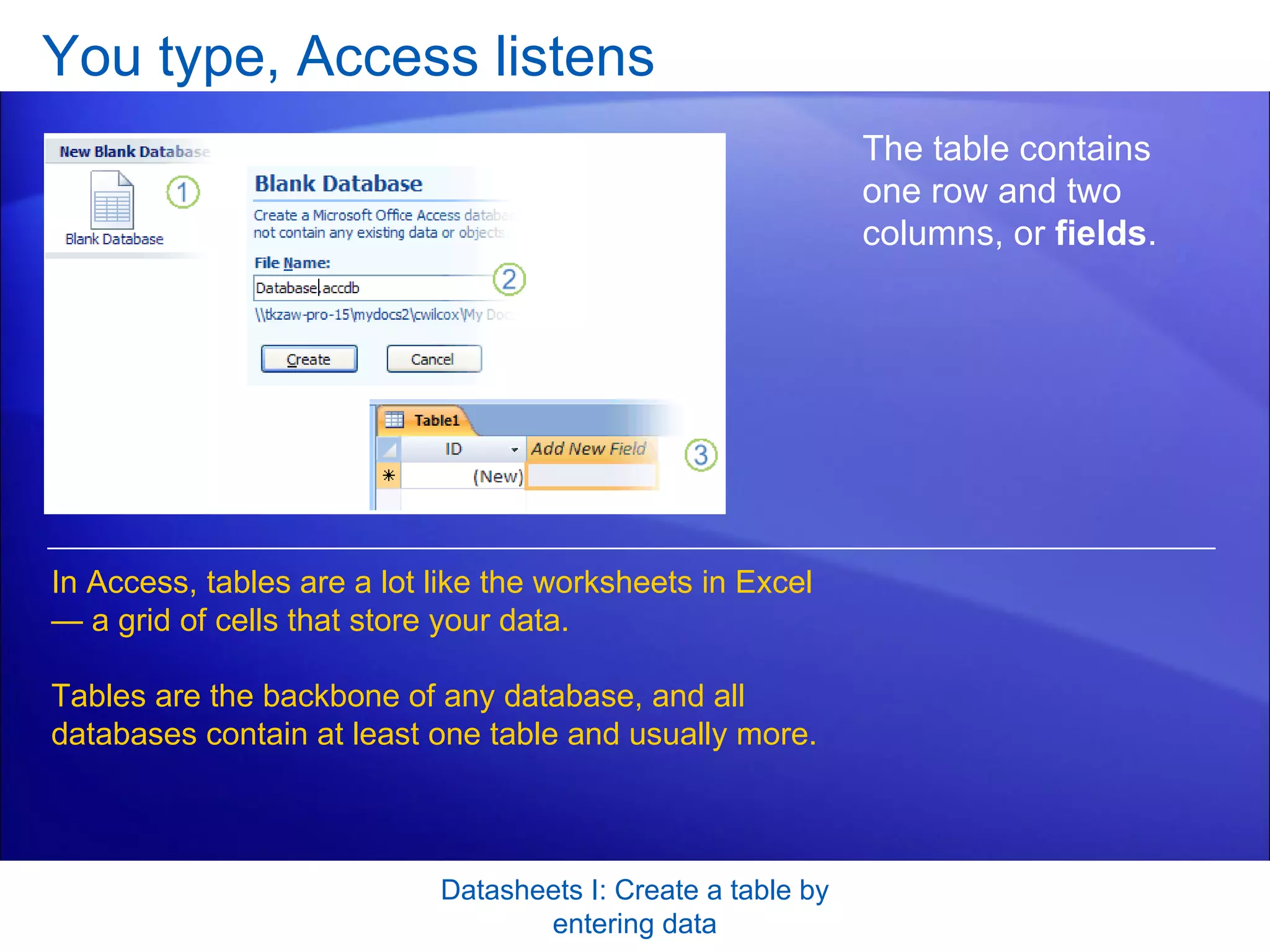You type, Access listens Datasheets I: Create a table by entering data The table contains one row and two columns, or  fields .  In Access, tables are a lot like the worksheets in Excel — a grid of cells that store your data.  Tables are the backbone of any database, and all databases contain at least one table and usually more. 