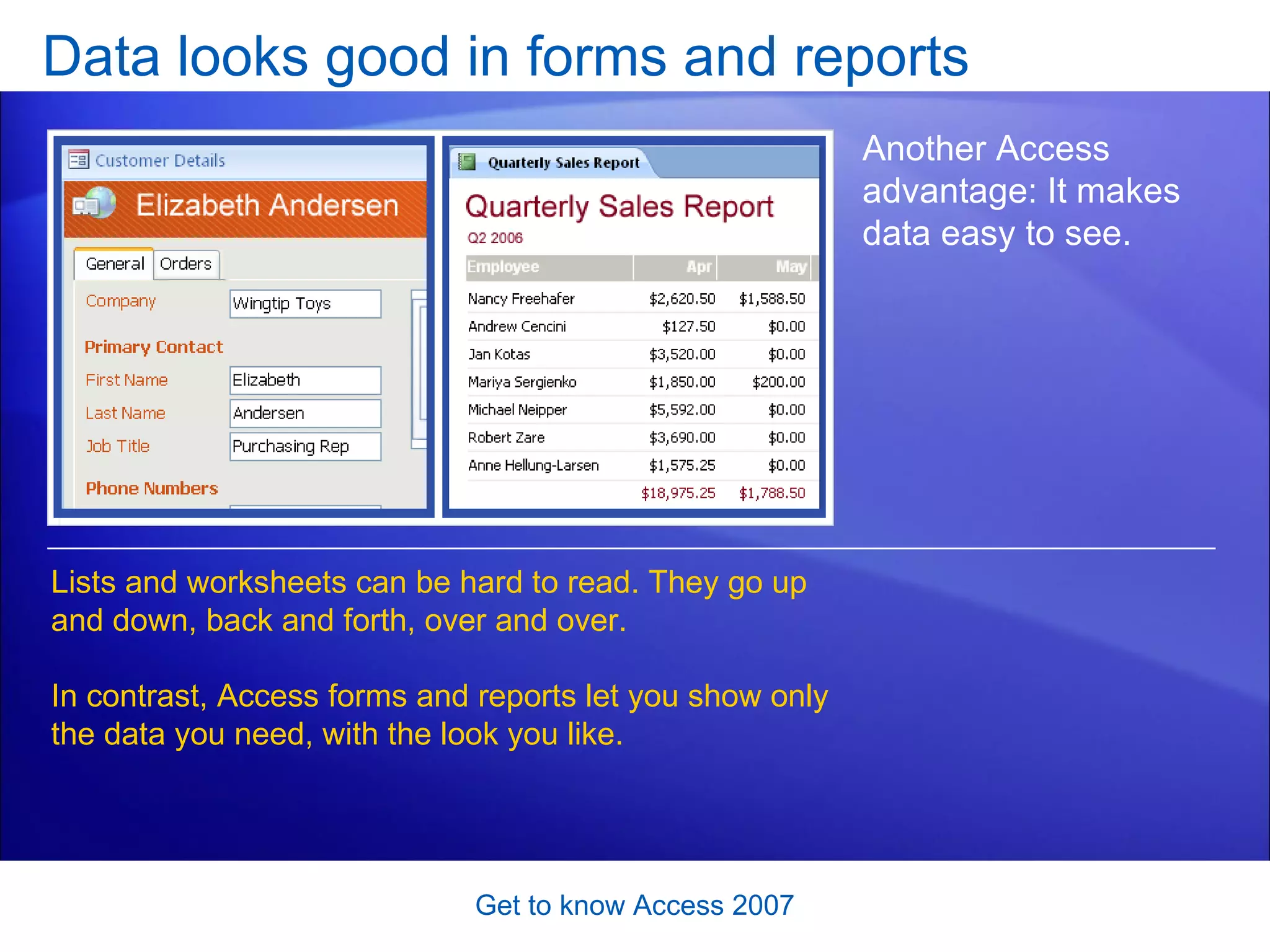 Data looks good in forms and reports Get to know Access 2007 Another Access advantage: It makes data easy to see.  Lists and worksheets can be hard to read. They go up and down, back and forth, over and over.  In contrast, Access forms and reports let you show only the data you need, with the look you like.  