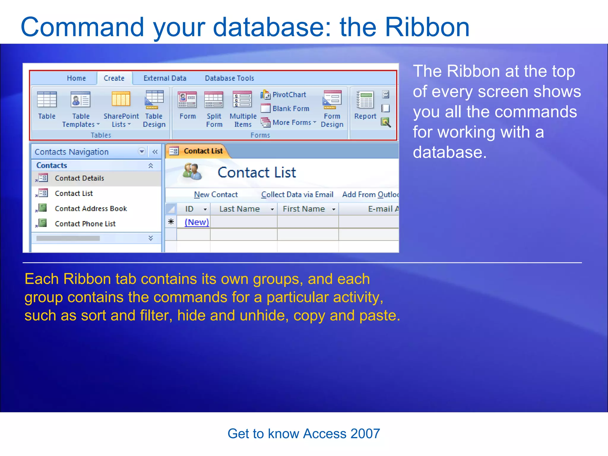 Command your database: the Ribbon Get to know Access 2007 The Ribbon at the top of every screen shows you all the commands for working with a database.  Each Ribbon tab contains its own groups, and each group contains the commands for a particular activity, such as sort and filter, hide and unhide, copy and paste.  