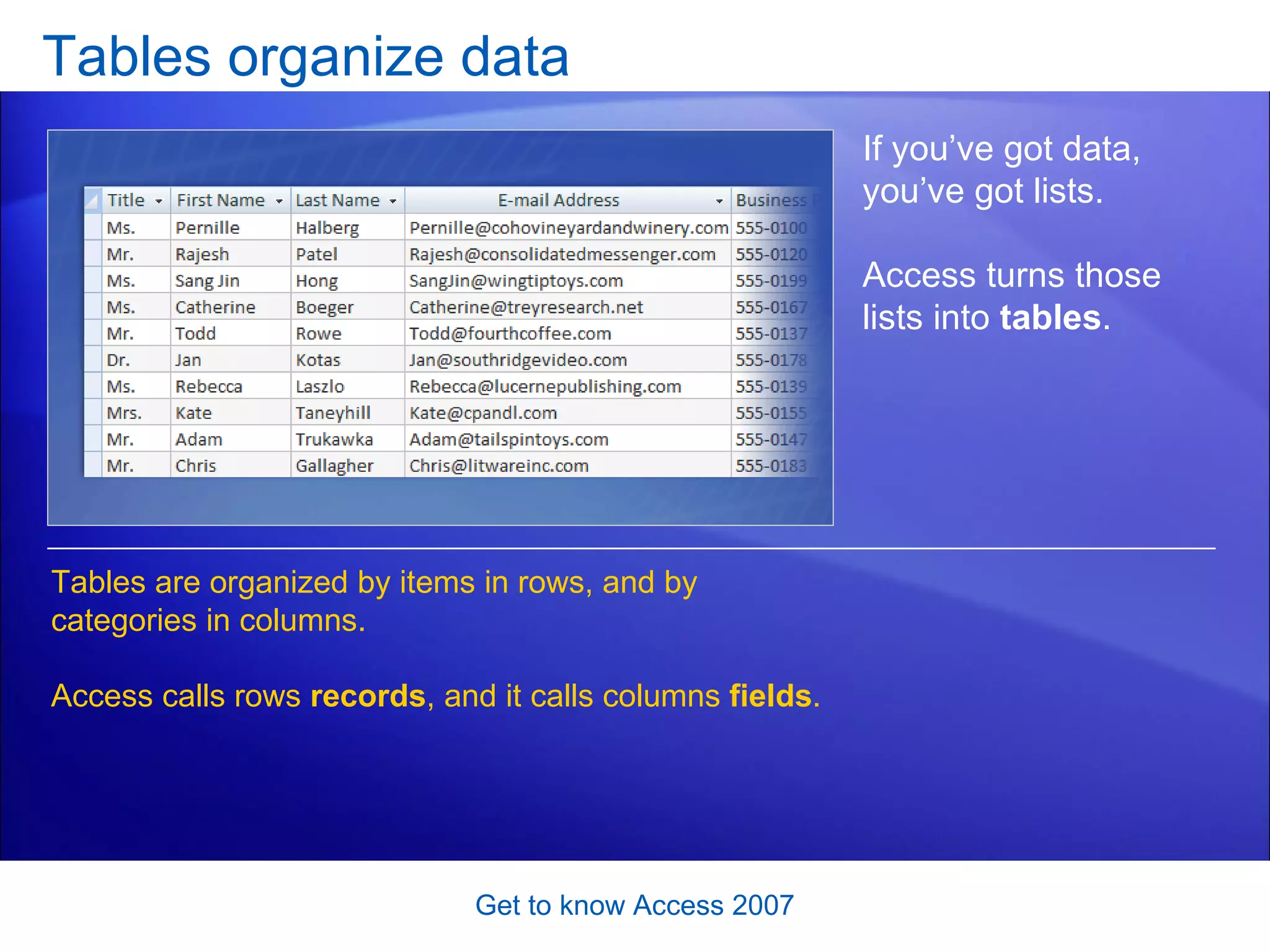 Tables organize data Get to know Access 2007 If you’ve got data, you’ve got lists.  Access turns those lists into  tables .  Tables are organized by items in rows, and by categories in columns.  Access calls rows  records , and it calls columns  fields .  
