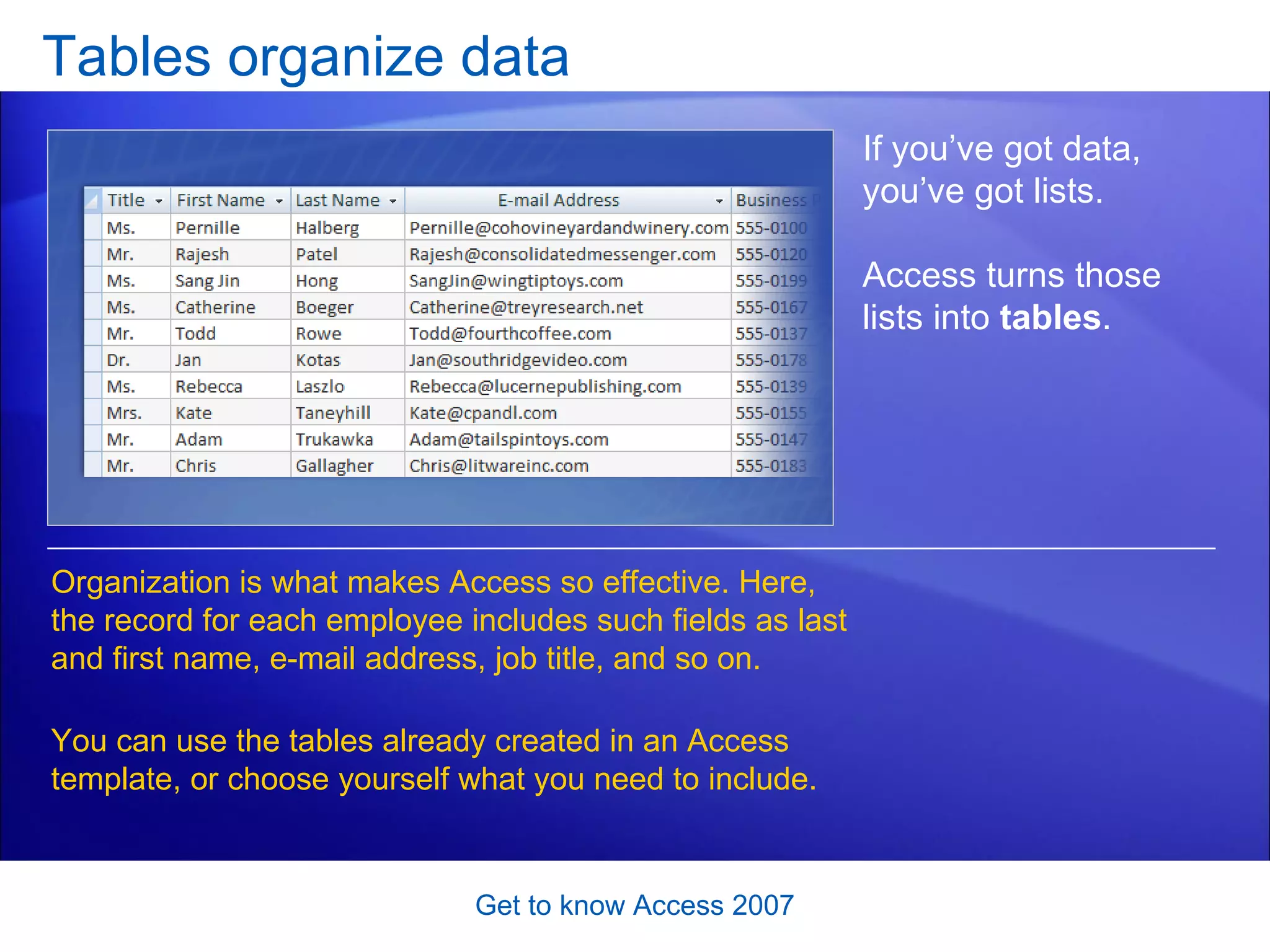 Tables organize data Get to know Access 2007 If you’ve got data, you’ve got lists.  Access turns those lists into  tables .  Organization is what makes Access so effective. Here, the record for each employee includes such fields as last and first name, e-mail address, job title, and so on.  You can use the tables already created in an Access template, or choose yourself what you need to include. 