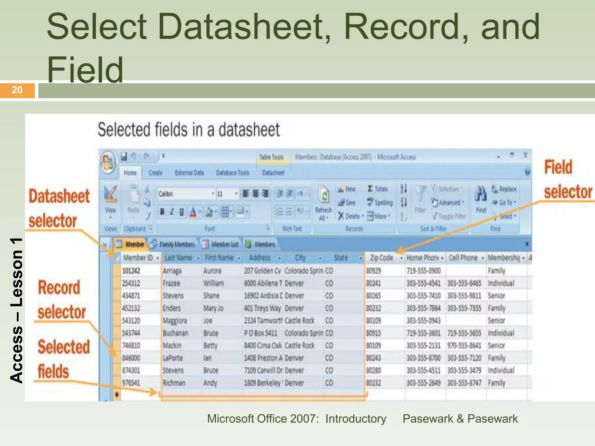 Select Datasheet, Record, and
    20
                    Field
Access – Lesson 1




                             Microsoft Office 2007: Introductory   Pasewark & Pasewark
 