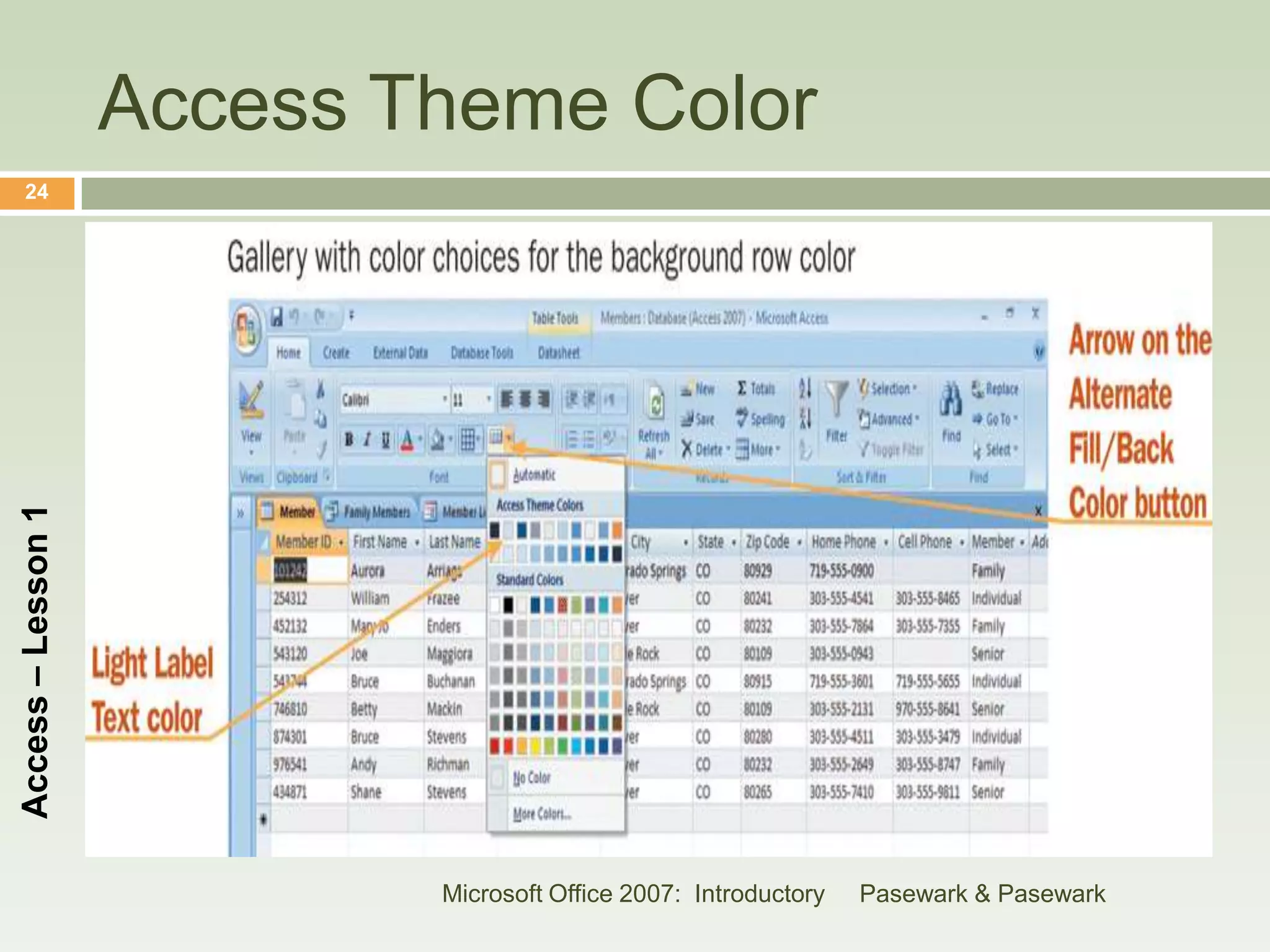 Access Theme Color
    24
Access – Lesson 1




                            Microsoft Office 2007: Introductory   Pasewark & Pasewark
 