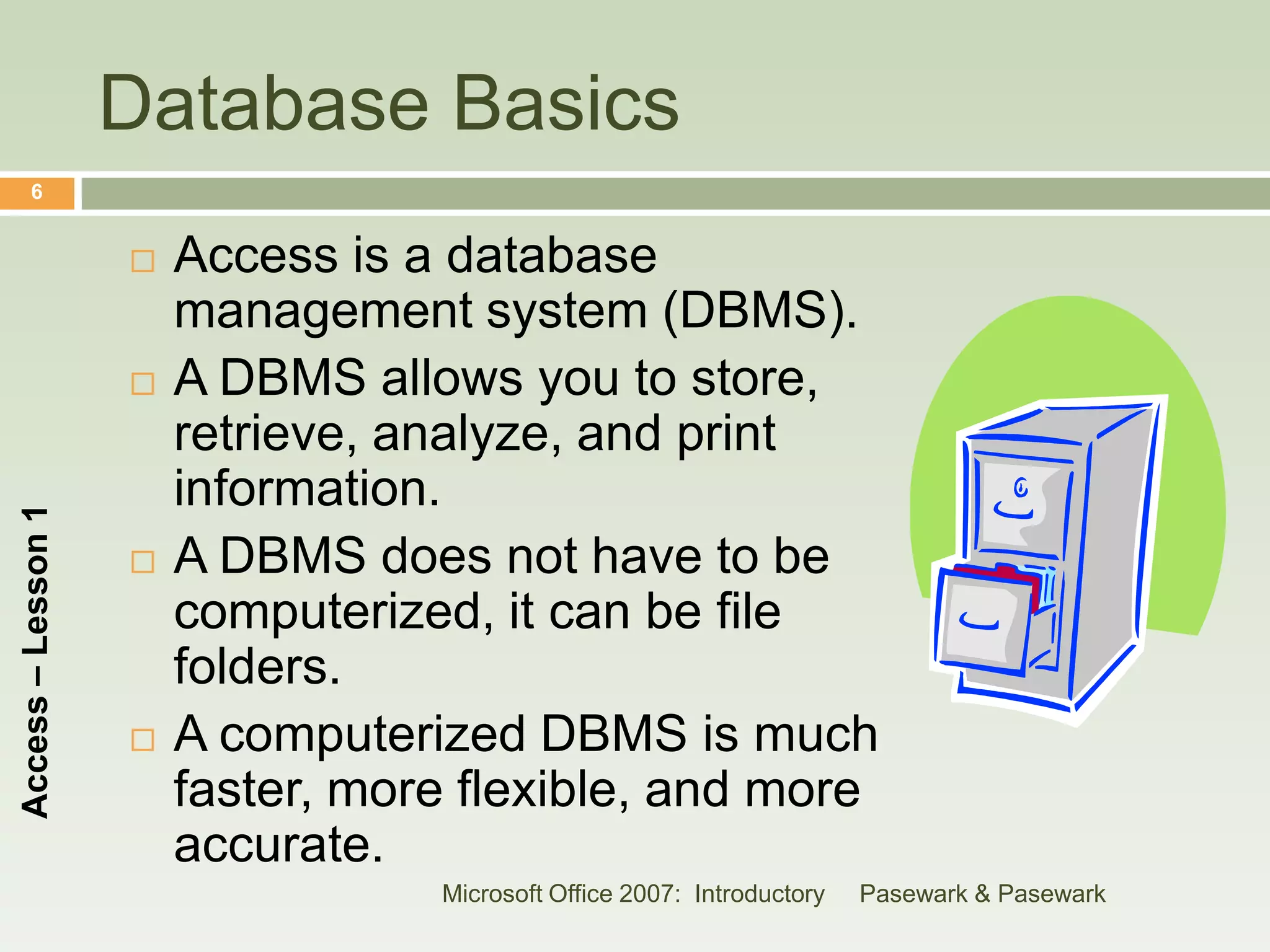 Database Basics
      6


                       Access is a database
                        management system (DBMS).
                       A DBMS allows you to store,
                        retrieve, analyze, and print
                        information.
Access – Lesson 1




                       A DBMS does not have to be
                        computerized, it can be file
                        folders.
                       A computerized DBMS is much
                        faster, more flexible, and more
                        accurate.
                                   Microsoft Office 2007: Introductory   Pasewark & Pasewark
 