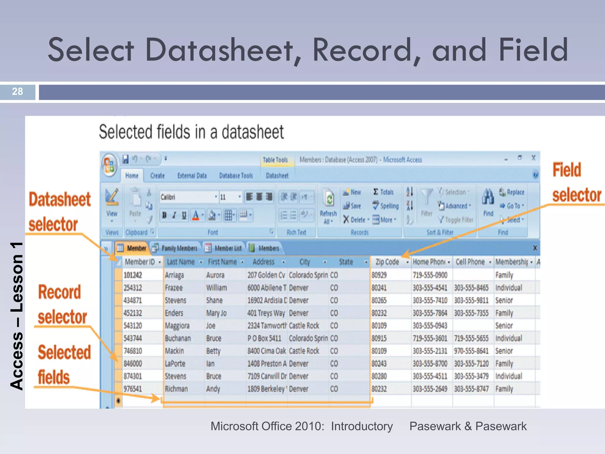 Select Datasheet, Record, and Field
    28
Access – Lesson 1




                              Microsoft Office 2010: Introductory   Pasewark & Pasewark
 