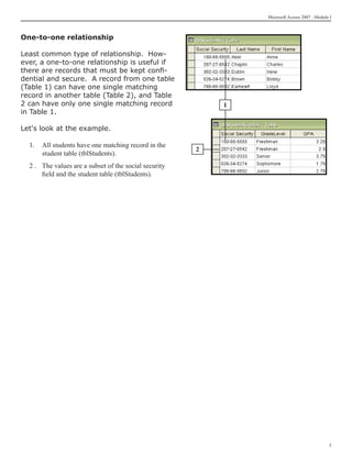 Microsoft Access 2007 - Module I



One-to-one relationship

Least common type of relationship. How-
ever, a one-to-one relationship is useful if
there are records that must be kept confi-
dential and secure. A record from one table
(Table 1) can have one single matching
record in another table (Table 2), and Table
2 can have only one single matching record                  1
in Table 1.

Let's look at the example.

  1.	 All students have one matching record in the
                                                        2
      student table (tblStudents).
  2 .	 The values are a subset of the social security
       field and the student table (tblStudents).




                                                                                              
 