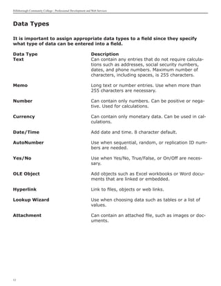 Hillsborough Community College - Professional Development and Web Services



Data Types

It is important to assign appropriate data types to a field since they specify
what type of data can be entered into a field.

Data Type					                                               Description
Text	                                                        Can contain any entries that do not require calcula-
                                                             tions such as addresses, social security numbers,
                                                             dates, and phone numbers. Maximum number of
                                                             characters, including spaces, is 255 characters.

Memo	                                                        Long text or number entries. Use when more than
                                                             255 characters are necessary.

Number	                                                      Can contain only numbers. Can be positive or nega-
                                                             tive. Used for calculations.

Currency	                                                    Can contain only monetary data. Can be used in cal-
                                                             culations.

Date/Time	                                                   Add date and time. 8 character default.

AutoNumber	                                                  Use when sequential, random, or replication ID num-
                                                             bers are needed.

Yes/No	                                                      Use when Yes/No, True/False, or On/Off are neces-
                                                             sary.

OLE Object	                                                  Add objects such as Excel workbooks or Word docu-
                                                             ments that are linked or embedded.

Hyperlink	                                                   Link to files, objects or web links.

Lookup Wizard	                                               Use when choosing data such as tables or a list of
                                                             values.

Attachment	                                                  Can contain an attached file, such as images or doc-
                                                             uments.




12
 