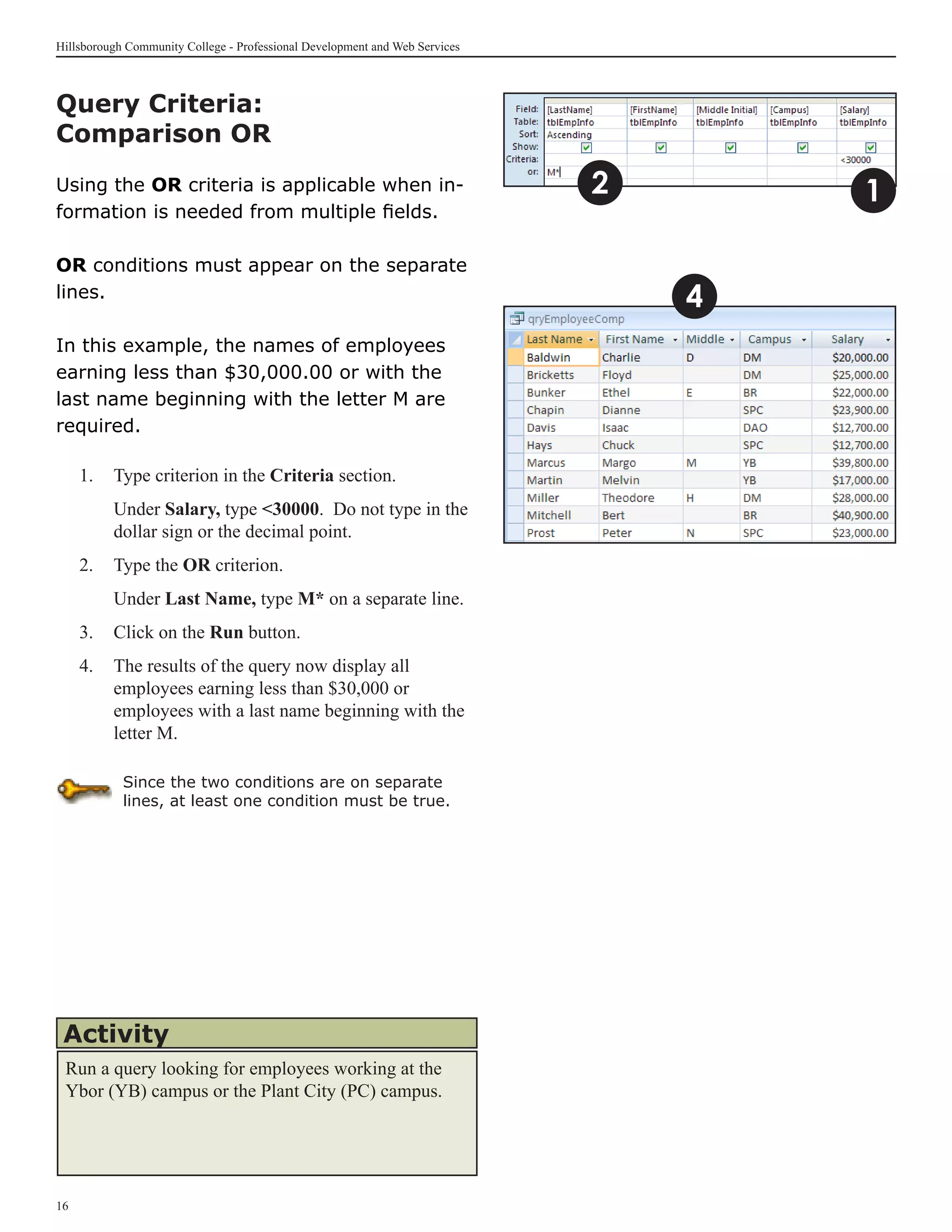 Hillsborough Community College - Professional Development and Web Services



Query Criteria:
Comparison OR
Using the OR criteria is applicable when in-                                 2       1
formation is needed from multiple fields.

OR conditions must appear on the separate
lines.                                                                           4
In this example, the names of employees
earning less than $30,000.00 or with the
last name beginning with the letter M are
required.

     1.	 Type criterion in the Criteria section.
     	    Under Salary, type 30000. Do not type in the
          dollar sign or the decimal point.
     2.	 Type the OR criterion.
     	    Under Last Name, type M* on a separate line.
     3.	 Click on the Run button.
     4.	 The results of the query now display all
         employees earning less than $30,000 or
         employees with a last name beginning with the
         letter M.

            Since the two conditions are on separate
            lines, at least one condition must be true.




 Activity
 Run a query looking for employees working at the
 Ybor (YB) campus or the Plant City (PC) campus.




16
 