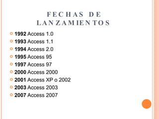 FECHAS DE LANZAMIENTOS 1992  Access 1.0  1993  Access 1.1  1994  Access 2.0  1995  Access 95  1997  Access 97  2000  Access 2000  2001  Access XP o 2002  2003  Access 2003  2007  Access 2007  