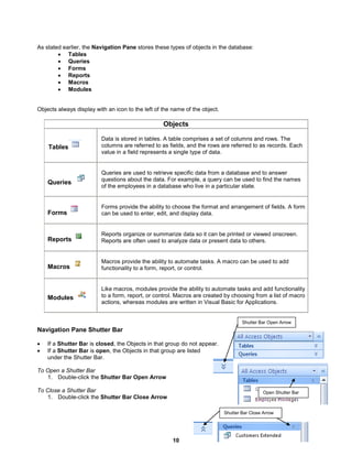 10
Open Shutter Bar
Shutter Bar Open Arrow
Shutter Bar Close Arrow
As stated earlier, the Navigation Pane stores these types of objects in the database:
 Tables
 Queries
 Forms
 Reports
 Macros
 Modules
Objects always display with an icon to the left of the name of the object.
Objects
Tables
Data is stored in tables. A table comprises a set of columns and rows. The
columns are referred to as fields, and the rows are referred to as records. Each
value in a field represents a single type of data.
Queries
Queries are used to retrieve specific data from a database and to answer
questions about the data. For example, a query can be used to find the names
of the employees in a database who live in a particular state.
Forms
Forms provide the ability to choose the format and arrangement of fields. A form
can be used to enter, edit, and display data.
Reports
Reports organize or summarize data so it can be printed or viewed onscreen.
Reports are often used to analyze data or present data to others.
Macros
Macros provide the ability to automate tasks. A macro can be used to add
functionality to a form, report, or control.
Modules
Like macros, modules provide the ability to automate tasks and add functionality
to a form, report, or control. Macros are created by choosing from a list of macro
actions, whereas modules are written in Visual Basic for Applications.
Navigation Pane Shutter Bar
 If a Shutter Bar is closed, the Objects in that group do not appear.
 If a Shutter Bar is open, the Objects in that group are listed
under the Shutter Bar.
To Open a Shutter Bar
1. Double-click the Shutter Bar Open Arrow
To Close a Shutter Bar
1. Double-click the Shutter Bar Close Arrow
 