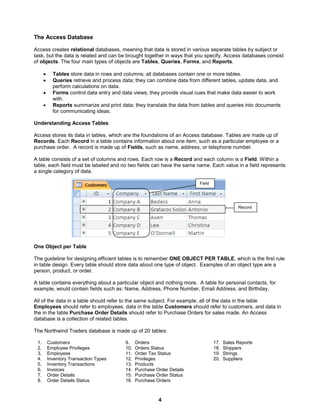4
The Access Database
Access creates relational databases, meaning that data is stored in various separate tables by subject or
task, but the data is related and can be brought together in ways that you specify. Access databases consist
of objects. The four main types of objects are Tables, Queries, Forms, and Reports.
 Tables store data in rows and columns; all databases contain one or more tables.
 Queries retrieve and process data; they can combine data from different tables, update data, and
perform calculations on data.
 Forms control data entry and data views; they provide visual cues that make data easier to work
with.
 Reports summarize and print data; they translate the data from tables and queries into documents
for communicating ideas.
Understanding Access Tables
Access stores its data in tables, which are the foundations of an Access database. Tables are made up of
Records. Each Record in a table contains information about one item, such as a particular employee or a
purchase order. A record is made up of Fields, such as name, address, or telephone number.
A table consists of a set of columns and rows. Each row is a Record and each column is a Field. Within a
table, each field must be labeled and no two fields can have the same name. Each value in a field represents
a single category of data.
One Object per Table
The guideline for designing efficient tables is to remember ONE OBJECT PER TABLE, which is the first rule
in table design. Every table should store data about one type of object. Examples of an object type are a
person, product, or order.
A table contains everything about a particular object and nothing more. A table for personal contacts, for
example, would contain fields such as: Name, Address, Phone Number, Email Address, and Birthday.
All of the data in a table should refer to the same subject. For example, all of the data in the table
Employees should refer to employees, data in the table Customers should refer to customers, and data in
the in the table Purchase Order Details should refer to Purchase Orders for sales made. An Access
database is a collection of related tables.
The Northwind Traders database is made up of 20 tables:
1. Customers
2. Employee Privileges
3. Employees
4. Inventory Transaction Types
5. Inventory Transactions
6. Invoices
7. Order Details
8. Order Details Status
9. Orders
10. Orders Status
11. Order Tax Status
12. Privileges
13. Products
14. Purchase Order Details
15. Purchase Order Status
16. Purchase Orders
17. Sales Reports
18. Shippers
19. Strings
20. Suppliers
Record
Field
 