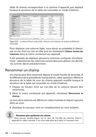 table (le champ correspondant à la colonne n’apparaît pas déplacé
lorsque la structure de la table est consultée en mode Création).

Figure 2.31 : La colonne Prénom reste visible, même lors de l’utilisation de la barre de déﬁlement
horizontale

Pour déplacer une colonne ﬁgée, vous devez au préalable la libérer,
par un clic droit sur son en-tête puis en choisissant Libérer toutes les
colonnes dans le menu contextuel qui apparaît.
Il est possible de déplacer plusieurs colonnes contiguës simultanément : sélectionnez les colonnes concernées puis glissez ces dernières comme décrit précédemment.

Renommer un champ
Un champ peut être renommé depuis le mode Feuille de données. À
la différence de la précédente manipulation, cette opération affecte la
structure de la table (le nom du champ apparaît modiﬁé lorsque la
structure de la table est consultée en mode Création).
1 Cliquez du bouton droit sur l’en-tête de la colonne devant être
renommée.
2 Dans le menu contextuel qui apparaît, choisissez Renommer le
champ.
Le nom de la colonne est affiché en vidéo inversée et aligné à gauche
dans sa zone.
3 Saisissez le nouveau nom en remplacement du nom existant.

Renommer plus rapidement une colonne
Vous pouvez double-cliquer sur le nom de l’en-tête de colonne. Celui-ci
apparaît en vidéo inversée. Il ne vous reste plus qu’à saisir le nouveau nom.

104

2. Manipuler les données

 