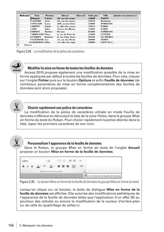 Figure 2.34 : La modiﬁcation de la police de caractères

Modifier la mise en forme de toutes les feuilles de données
Access 2010 propose également une modiﬁcation possible de la mise en
forme appliquée par défaut à toutes les feuilles de données. Pour cela, cliquez
sur l’onglet Fichier puis sur le bouton Options et enﬁn Feuille de données (de
nombreux paramètres de mise en forme complémentaires des feuilles de
données sont alors proposés).

Choisir rapidement une police de caractères
La modiﬁcation de la police de caractères utilisée en mode Feuille de
données s’effectue en déroulant la liste de la zone Police, dans le groupe Mise
en forme du texte du Ruban. Pour choisir rapidement la police désirée dans la
liste, tapez les premiers caractères de son nom.

Personnaliser l’apparence de la feuille de données
Dans le Ruban, le groupe Mise en forme du texte de l’onglet Accueil
propose un bouton Mise en forme de la feuille de données.

Figure 2.35 : Le bouton Mise en forme de la feuille de données du groupe Mise en forme du texte
Lorsqu’on clique sur ce bouton, la boîte de dialogue Mise en forme de la
feuille de données est affichée. Elle autorise des modiﬁcations esthétiques de
l’apparence de la feuille de données telles que l’application d’un effet 3D au
pourtour des cellules ou encore la modiﬁcation de la couleur d’arrière-plan
ou de celle du quadrillage de celles-ci.

106

2. Manipuler les données

 