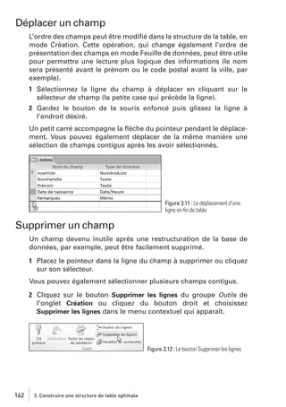 Déplacer un champ
L’ordre des champs peut être modiﬁé dans la structure de la table, en
mode Création. Cette opération, qui change également l’ordre de
présentation des champs en mode Feuille de données, peut être utile
pour permettre une lecture plus logique des informations (le nom
sera présenté avant le prénom ou le code postal avant la ville, par
exemple).
1 Sélectionnez la ligne du champ à déplacer en cliquant sur le
sélecteur de champ (la petite case qui précède la ligne).
2 Gardez le bouton de la souris enfoncé puis glissez la ligne à
l’endroit désiré.
Un petit carré accompagne la ﬂèche du pointeur pendant le déplacement. Vous pouvez également déplacer de la même manière une
sélection de champs contigus après les avoir sélectionnés.

Figure 3.11 : Le déplacement d’une
ligne en ﬁn de table

Supprimer un champ
Un champ devenu inutile après une restructuration de la base de
données, par exemple, peut être facilement supprimé.
1 Placez le pointeur dans la ligne du champ à supprimer ou cliquez
sur son sélecteur.
Vous pouvez également sélectionner plusieurs champs contigus.
2 Cliquez sur le bouton Supprimer les lignes du groupe Outils de
l’onglet Création ou cliquez du bouton droit et choisissez
Supprimer les lignes dans le menu contextuel qui apparaît.

Figure 3.12 : Le bouton Supprimer les lignes

162

3. Construire une structure de table optimale

 