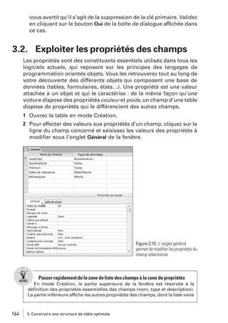 vous avertit qu’il s’agit de la suppression de la clé primaire. Validez
en cliquant sur le bouton Oui de la boîte de dialogue affichée dans
ce cas.

3.2. Exploiter les propriétés des champs
Les propriétés sont des constituants essentiels utilisés dans tous les
logiciels actuels, qui reposent sur les principes des langages de
programmation orientés objets. Vous les retrouverez tout au long de
votre découverte des différents objets qui composent une base de
données (tables, formulaires, états…). Une propriété est une valeur
attachée à un objet et qui le caractérise : de la même façon qu’une
voiture dispose des propriétés couleur et poids, un champ d’une table
dispose de propriétés qui le différencient des autres champs.
1 Ouvrez la table en mode Création.
2 Pour affecter des valeurs aux propriétés d’un champ, cliquez sur la
ligne du champ concerné et saisissez les valeurs des propriétés à
modiﬁer sous l’onglet Général de la fenêtre.

Figure 3.15 : L’onglet général
permet de modiﬁer les propriétés du
champ sélectionné

Passer rapidement de la zone de liste des champs à la zone de propriétés
En mode Création, la partie supérieure de la fenêtre est réservée à la
déﬁnition des propriétés essentielles des champs (nom, type et description).
La partie inférieure affiche les autres propriétés des champs, dont la liste varie

164

3. Construire une structure de table optimale

 