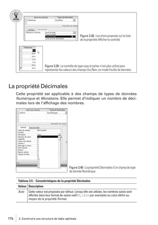 Figure 3.38 : Les choix proposés sur la liste
de la propriété Afficher le contrôle

Figure 3.39 : Le contrôle de type case à cocher n’est plus utilisé pour
représenter les valeurs des champs Oui/Non, en mode Feuille de données

La propriété Décimales
Cette propriété est applicable à des champs de types de données
Numérique et Monétaire. Elle permet d’indiquer un nombre de décimales lors de l’affichage des nombres.

Figure 3.40 : La propriété Décimales d’un champ de type
de donnée Numérique
Tableau 3.5 : Caractéristiques de la propriété Décimales
Valeur Description
Auto

176

Cette valeur est proposée par défaut. Lorsqu’elle est utilisée, les nombres saisis sont
affichés dans leur format de saisie natif (3,1416 par exemple) ou celui déﬁni au
moyen de la propriété Format.

3. Construire une structure de table optimale

 