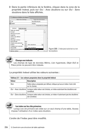 3 Dans la partie inférieure de la fenêtre, cliquez dans la zone de la
propriété Indexé, puis sur Oui - Avec doublons ou sur Oui - Sans
doublons dans la liste affichée.

Figure 3.86 : L’index peut autoriser ou non
les doublons

Champs non indexés
Les champs de type de données Mémo, Lien hypertexte, Objet OLE et
Pièce jointe ne peuvent être indexés.

La propriété Indexé utilise les valeurs suivantes :
Tableau 3.7 : Les valeurs proposées dans la propriété Indexé
Valeur

Description

Non

Cette valeur, proposée par défaut, indique qu’aucun index n’est créé
sur le champ.

Oui – Avec doublons Lorsque cette valeur est choisie, un index autorisant les doublons est
constitué.
Oui – Sans doublons Lorsque cette valeur est choisie, un index n’autorisant pas les doublons
est constitué.

Les index sur les clés primaires
Lorsqu’une clé primaire est créée sur un seul champ d’une table, Access
impose l’utilisation d’un index sans doublon.

L’ordre de l’index peut être modiﬁé.

206

3. Construire une structure de table optimale

 