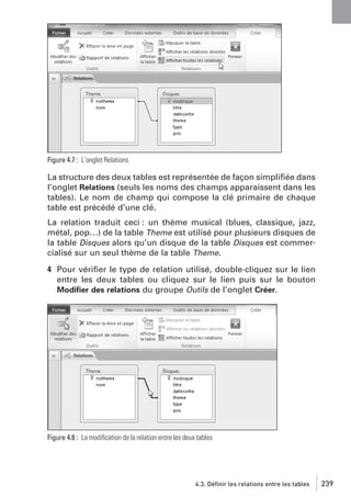Figure 4.7 : L’onglet Relations

La structure des deux tables est représentée de façon simpliﬁée dans
l’onglet Relations (seuls les noms des champs apparaissent dans les
tables). Le nom de champ qui compose la clé primaire de chaque
table est précédé d’une clé.
La relation traduit ceci : un thème musical (blues, classique, jazz,
métal, pop…) de la table Theme est utilisé pour plusieurs disques de
la table Disques alors qu’un disque de la table Disques est commercialisé sur un seul thème de la table Theme.
4 Pour vériﬁer le type de relation utilisé, double-cliquez sur le lien
entre les deux tables ou cliquez sur le lien puis sur le bouton
Modiﬁer des relations du groupe Outils de l’onglet Créer.

Figure 4.8 : La modiﬁcation de la relation entre les deux tables

4.3. Définir les relations entre les tables

239

 