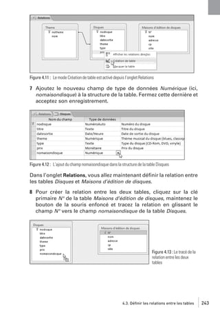 Figure 4.11 : Le mode Création de table est activé depuis l’onglet Relations

7 Ajoutez le nouveau champ de type de données Numérique (ici,
nomaisondisque) à la structure de la table. Fermez cette dernière et
acceptez son enregistrement.

Figure 4.12 : L’ajout du champ nomaisondisque dans la structure de la table Disques

Dans l’onglet Relations, vous allez maintenant déﬁnir la relation entre
les tables Disques et Maisons d’édition de disques.
8 Pour créer la relation entre les deux tables, cliquez sur la clé
primaire N° de la table Maisons d’édition de disques, maintenez le
bouton de la souris enfoncé et tracez la relation en glissant le
champ N° vers le champ nomaisondisque de la table Disques.

Figure 4.13 : Le tracé de la
relation entre les deux
tables

4.3. Définir les relations entre les tables

243

 