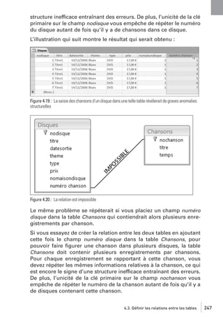 structure inefficace entraînant des erreurs. De plus, l’unicité de la clé
primaire sur le champ nodisque vous empêche de répéter le numéro
du disque autant de fois qu’il y a de chansons dans ce disque.
L’illustration qui suit montre le résultat qui serait obtenu :

Figure 4.19 : La saisie des chansons d’un disque dans une telle table révélerait de graves anomalies
structurelles

Figure 4.20 : La relation est impossible

Le même problème se répéterait si vous placiez un champ numéro
disque dans la table Chansons qui contiendrait alors plusieurs enregistrements par chanson.
Si vous essayez de créer la relation entre les deux tables en ajoutant
cette fois le champ numéro disque dans la table Chansons, pour
pouvoir faire ﬁgurer une chanson dans plusieurs disques, la table
Chansons doit contenir plusieurs enregistrements par chansons.
Pour chaque enregistrement se rapportant à cette chanson, vous
devez répéter les mêmes informations relatives à la chanson, ce qui
est encore le signe d’une structure inefficace entraînant des erreurs.
De plus, l’unicité de la clé primaire sur le champ nochanson vous
empêche de répéter le numéro de la chanson autant de fois qu’il y a
de disques contenant cette chanson.
4.3. Définir les relations entre les tables

247

 