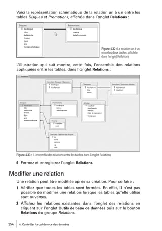Voici la représentation schématique de la relation un à un entre les
tables Disques et Promotions, affichée dans l’onglet Relations :

Figure 4.32 : La relation un à un
entre les deux tables, affichée
dans l’onglet Relations

L’illustration qui suit montre, cette fois, l’ensemble des relations
appliquées entre les tables, dans l’onglet Relations :

Figure 4.33 : L’ensemble des relations entre les tables dans l’onglet Relations

6 Fermez et enregistrez l’onglet Relations.

Modiﬁer une relation
Une relation peut être modiﬁée après sa création. Pour ce faire :
1 Vériﬁez que toutes les tables sont fermées. En effet, il n’est pas
possible de modiﬁer une relation lorsque les tables qu’elle utilise
sont ouvertes.
2 Affichez les relations existantes dans l’onglet des relations en
cliquant sur l’onglet Outils de base de données puis sur le bouton
Relations du groupe Relations.
254

4. Contrôler la cohérence des données

 