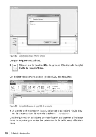 Figure 5.2 : La boîte de dialogue Afficher la table

L’onglet Requête1 est affiché.
3

Cliquez sur le bouton SQL du groupe Résultats de l’onglet
Outils de requête/Créer.

Cet onglet vous servira à saisir le code SQL des requêtes.

Figure 5.3 : L’onglet de la saisie du code SQL de la requête

4 À la suite de l’instruction SELECT, saisissez le caractère * puis ajoutez la clause FROM et le nom de la table Villes−arrivee.
L’astérisque est un caractère de substitution qui permet d’indiquer
dans la requête que toutes les colonnes de la table sont sélectionnées.

296

5. Extraire des données

 