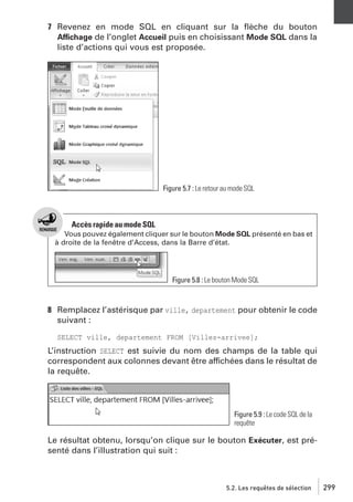 7 Revenez en mode SQL en cliquant sur la ﬂèche du bouton
Affichage de l’onglet Accueil puis en choisissant Mode SQL dans la
liste d’actions qui vous est proposée.

Figure 5.7 : Le retour au mode SQL

Accès rapide au mode SQL
Vous pouvez également cliquer sur le bouton Mode SQL présenté en bas et
à droite de la fenêtre d’Access, dans la Barre d’état.

Figure 5.8 : Le bouton Mode SQL

8 Remplacez l’astérisque par ville, departement pour obtenir le code
suivant :
SELECT ville, departement FROM [Villes-arrivee];

L’instruction SELECT est suivie du nom des champs de la table qui
correspondent aux colonnes devant être affichées dans le résultat de
la requête.

Figure 5.9 : Le code SQL de la
requête

Le résultat obtenu, lorsqu’on clique sur le bouton Exécuter, est présenté dans l’illustration qui suit :

5.2. Les requêtes de sélection

299

 