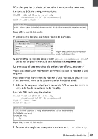 N’oubliez pas les crochets qui encadrent les noms des colonnes.
La syntaxe SQL de la requête est donc :
SELECT ville AS [Nom de la ville],
departement AS [N° de département]
FROM [Villes-arrivee];

Figure 5.12 : Le code SQL de la requête

11 Visualisez le résultat en mode Feuille de données.

Figure 5.13 : Le résultat de la requête en
mode Feuille de données

12 Enregistrez la requête sous le nom Villes et départements − SQL en
utilisant l’onglet Fichier puis en choisissant Enregistrer sous.

La syntaxe d’une requête de sélection effectuant un tri
Vous allez découvrir maintenant comment classer le résultat d’une
requête.
Pour classer les lignes dans le résultat d’une requête, la clause ORDER
BY est suivie du nom de la colonne à trier. Procédez ainsi :

1 Affichez la requête précédente en mode SQL et ajoutez ORDER BY
ville à la ﬁn de la syntaxe de la requête.
Le code SQL de la requête devient :
SELECT ville AS [Nom de la ville],
departement AS [N° de département]
FROM [Villes-arrivee]
ORDER BY ville;

Figure 5.14 : Le code SQL de la requête

2 Fermez et enregistrez la requête sous le nom Villes triées − SQL.
5.2. Les requêtes de sélection

301

 