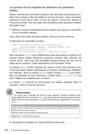 La syntaxe d’une requête de sélection sur plusieurs
tables
Voyez maintenant comment extraire des données de plusieurs tables. Pour chaque ville est établi un horaire de train. Vous souhaitez
extraire le nom de la ville, le jour du départ, l’heure de départ et
l’heure d’arrivée. Ces données sont stockées dans plusieurs tables.
Procédez ainsi :
1 Affichez comme précédemment la fenêtre de saisie du code SQL
d’une nouvelle requête.
Vous allez interroger les deux tables Villes-arrivee et Horaires.
2 Saisissez le code SQL suivant :
SELECT [Villes-arrivee].ville, Horaires.jour,
Horaires.[heure départ], Horaires.[heure fin]
FROM [Villes-arrivee], Horaires
WHERE [Villes-arrivee].noville = Horaires.noville ;

Dans la clause SELECT, pour différencier sans équivoque l’origine d’un
champ (deux tables distinctes pouvant contenir des champs de
même nom), vous avez fait précéder chaque champ du nom de la
table qui le contient. Cette association est nommée "alias".
La clause WHERE vériﬁe l’égalité de valeurs entre les champs communs aux deux tables. Remarquez la syntaxe utilisée pour désigner
les champs : dans la clause WHERE, l’objet champ noville, par exemple, est précédé de son conteneur, l’objet table Villes−arrivee. Les
deux objets sont séparés par un point.
La clause FROM permet ici d’énumérer les tables utilisées dans la
requête : Villes-arrivee et Horaires.

Produit cartésien
La source de la requête est, dans ce cas, appelée "produit cartésien des
tables déﬁnies dans la clause FROM". Access recherche toutes les lignes de la
table Villes-arrivee associées à la table Horaires qui répondent à la clause
WHERE.

Figure 5.15 : Le code SQL de la requête

3 Visualisez le résultat en mode Feuille de données.

302

5. Extraire des données

 