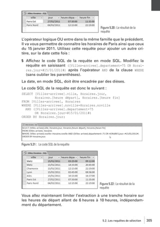 Figure 5.20 : Le résultat de la
requête

L’opérateur logique OU entre dans la même famille que le précédent.
Il va vous permettre de connaître les horaires de Paris ainsi que ceux
du 15 janvier 2011. Utilisez cette requête pour ajouter un autre critère, sur la date cette fois :
5 Affichez le code SQL de la requête en mode SQL. Modiﬁez la
requête en saisissant ([Villes−arrivee].departement=75 OR Horaires.jour=#15/01/2011#) après l’opérateur AND de la clause WHERE
(sans oublier les parenthèses).
La date, en mode SQL, doit être encadrée par des dièses.
Le code SQL de la requête est donc le suivant :
SELECT [Villes-arrivee].ville, Horaires.jour,
Horaires.[heure départ], Horaires.[heure fin]
FROM [Villes-arrivee], Horaires
WHERE [Villes-arrivee].noville=Horaires.noville
AND ([Villes-arrivee].departement=75
OR Horaires.jour=#15/01/2011#)
ORDER BY Horaires.jour;

Figure 5.21 : Le code SQL de la requête

Figure 5.22 : Le résultat de la
requête

Vous allez maintenant limiter l’extraction à une tranche horaire sur
les heures de départ allant de 6 heures à 10 heures, indépendamment du département.

5.2. Les requêtes de sélection

305

 